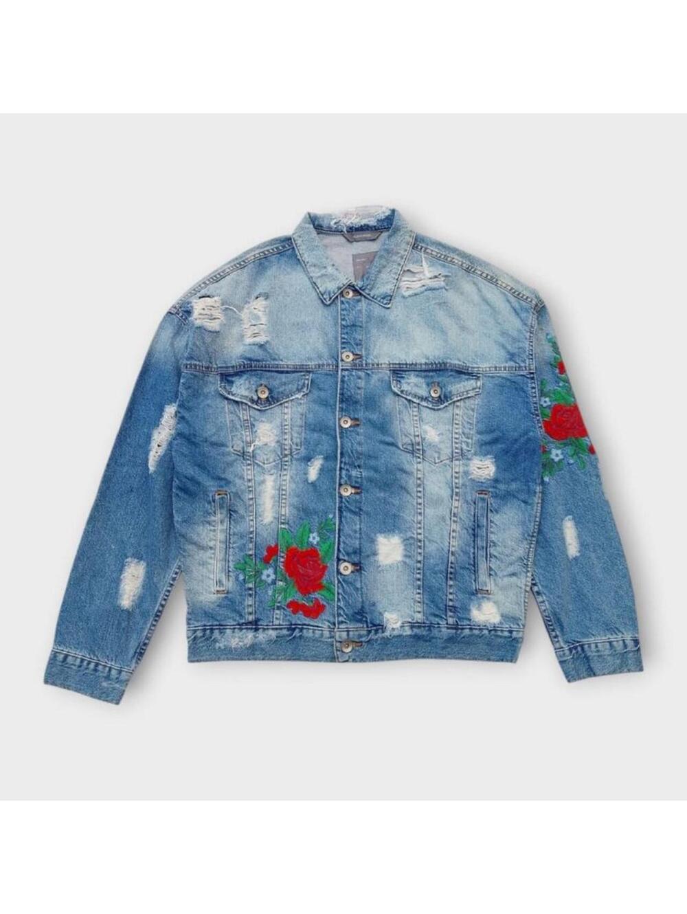 Zara blue denim jacket with red rose embroidery, size L #embroidered #floral